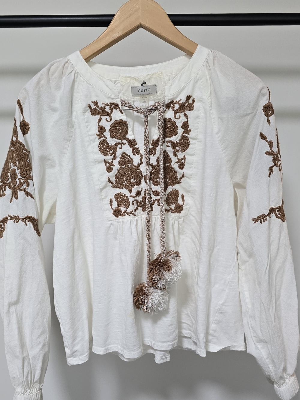 Cupio White Peasant Blouse with Brown Floral Embroidery and Tassels